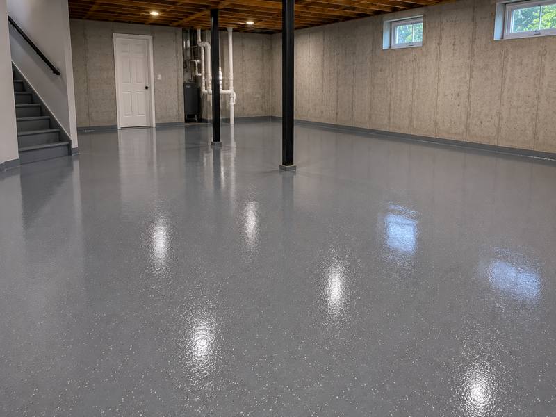 Grey coated floor in an open lower level of a Sudbury home