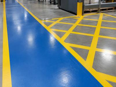 Blue pedestrian walkway running between yellow aisle lines