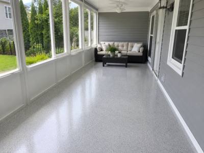 Grey flake floor in an enclosed three season porch