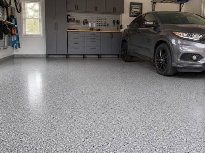 Grey flake garage floor in daily use