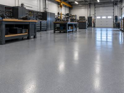 Maintenance shop with benches and a grey resin floor throughout