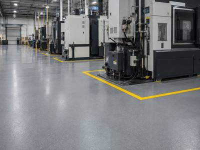 Machine outlines marked into the floor of a manufacturing bay
