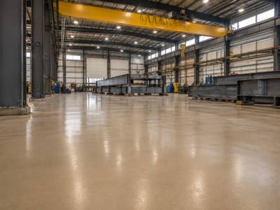 Tan resin floor down a long mining supply bay