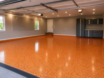 Orange flake floor across a double garage