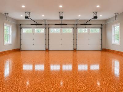 Orange flake floor across a three bay garage