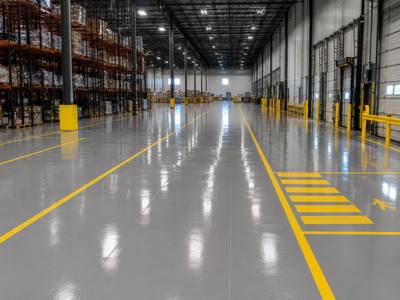 Warehouse floor with yellow aisle and crossing markings