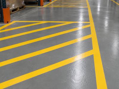Yellow hazard hatching set into a grey warehouse floor