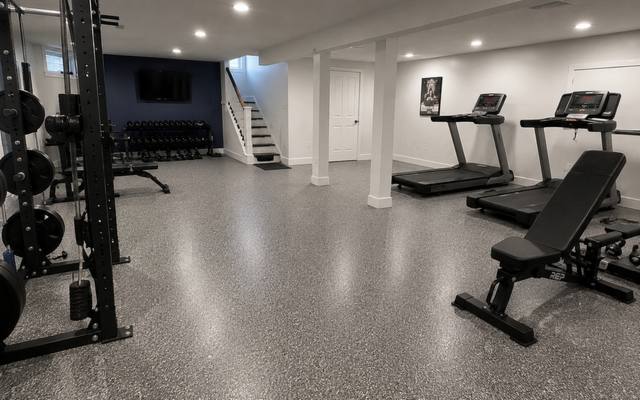 Grey flake floor across a finished basement home gym in Sudbury