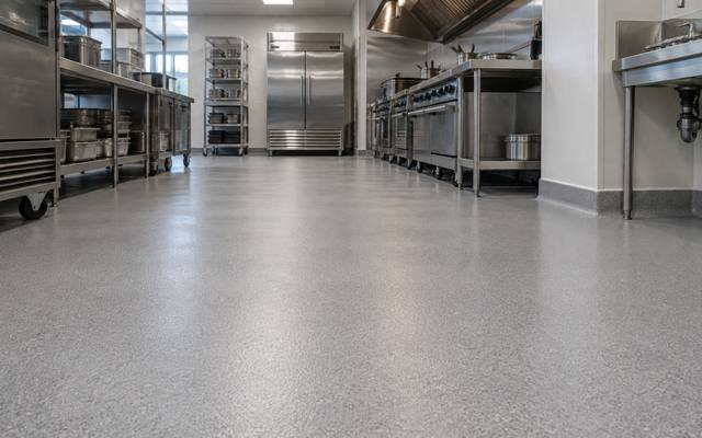 Stainless steel commercial kitchen in Sudbury with a seamless urethane floor and coved base