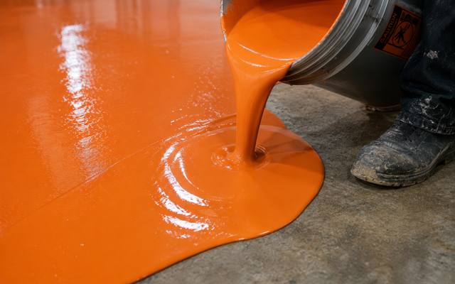 Orange base coat being poured across a freshly prepared slab