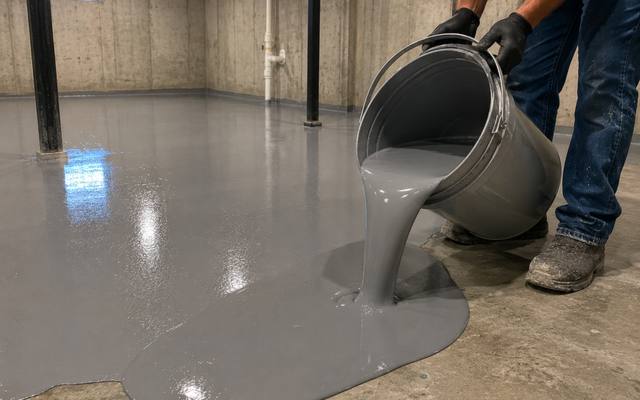 Fresh grey coating going down over a diamond ground basement slab