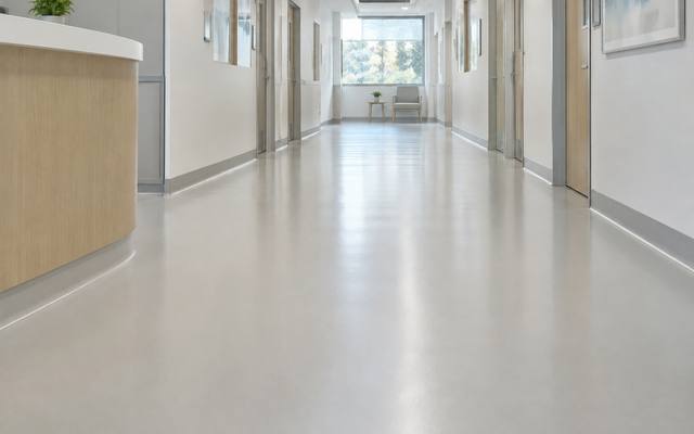 Bright seamless resin floor running the length of a Sudbury healthcare corridor