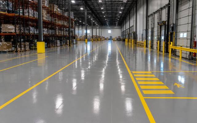 Warehouse floor with yellow aisle lines and a marked pedestrian crossing