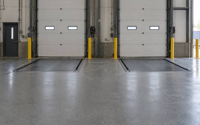 Loading dock levellers and bay doors above a coated grey dock apron in Greater Sudbury