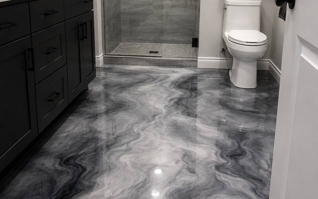 Marbled metallic epoxy floor in a greyscale finish