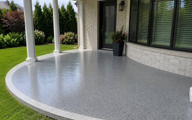 Curved front porch slab sealed to the edge with a grey flake coating