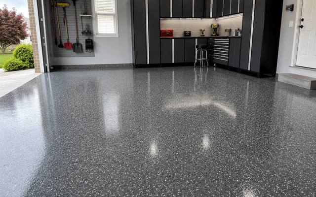 Grey polyaspartic top coat finished cleanly to the garage door opening