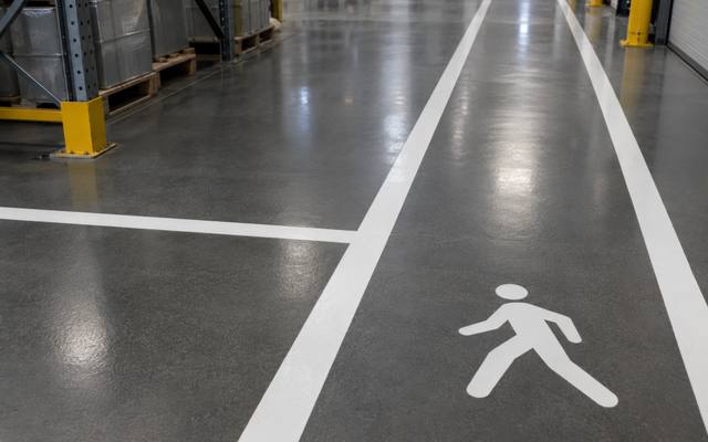 White pedestrian walkway marking and aisle lines set into a grey warehouse floor in Sudbury